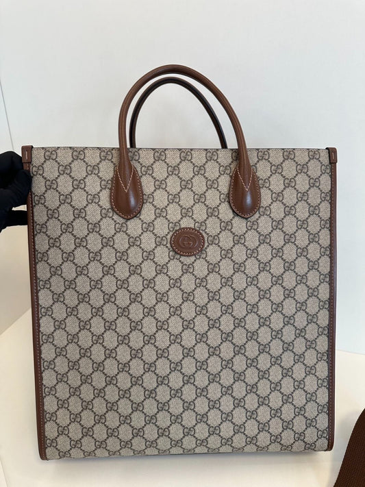 Gucci Retro Tote GM Top Handle Bag Crossbody Brown Gold Used Women Classic