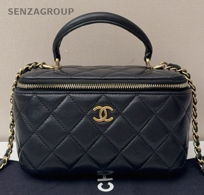 Chanel Diamond Chain Lambskin Crossbody Shoulder Bag Black Gold Women Classic