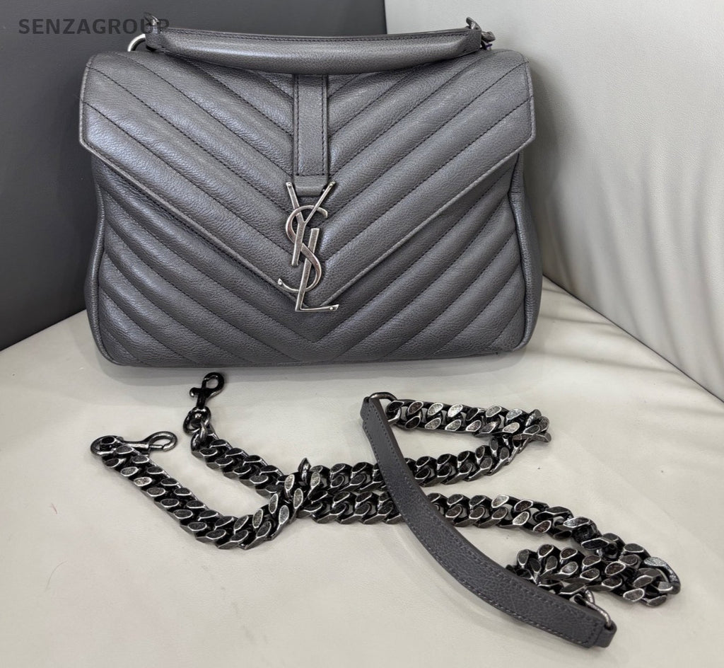 YSL Saint Laurent College PM Top Handle 2way Chain Shoulder Handbag Grey Women