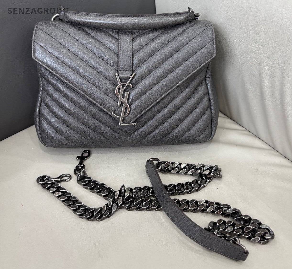 YSL Saint Laurent College PM Top Handle 2way Chain Shoulder Handbag Grey Women