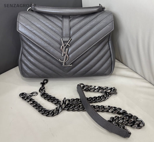 YSL Saint Laurent College PM Top Handle 2way Chain Shoulder Handbag Grey Women