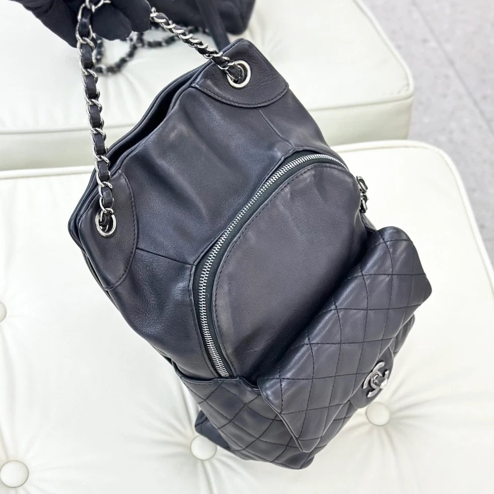 Chanel Diamond Calfskin Chain Backpack Black Silver Women Classic