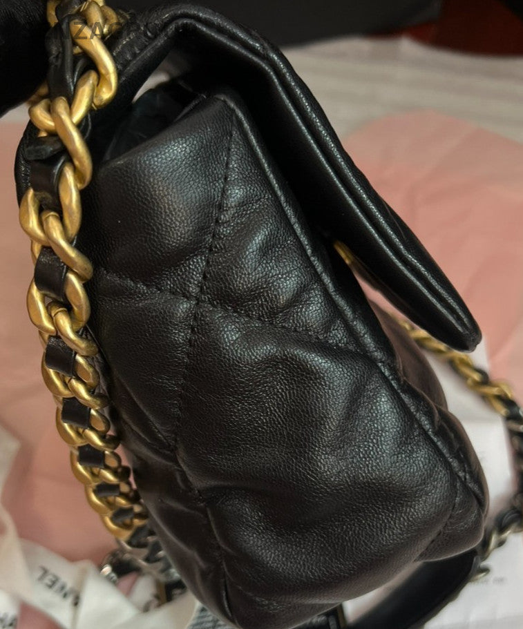Chanel 19 PM Chain Top Handle Shoulder Bag Crossbody Black Gold Used Women