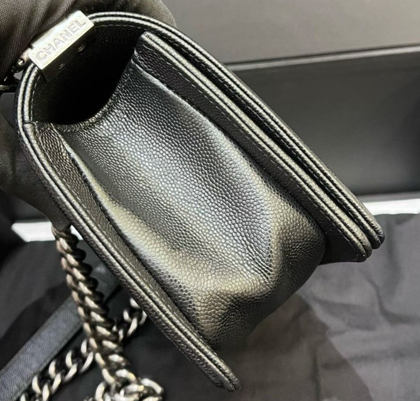 Chanel Leboy PM Chain Shoulder Bag Crossbody Black Silver Diamond Classic Women