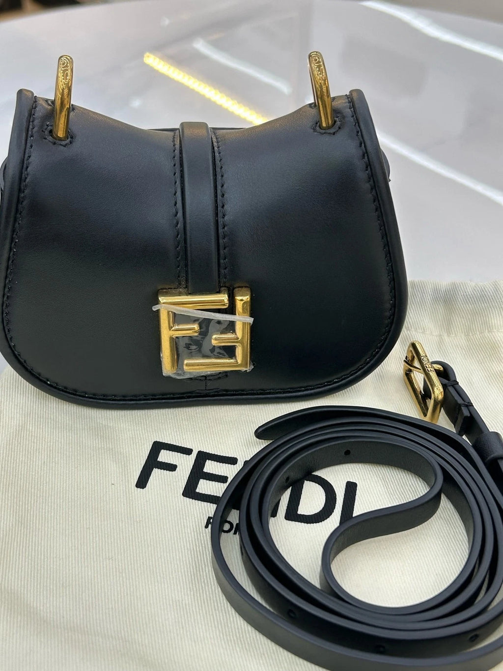 Fendi C'Mon Nano Black Calfskin Gold Shoulder Bag For Women