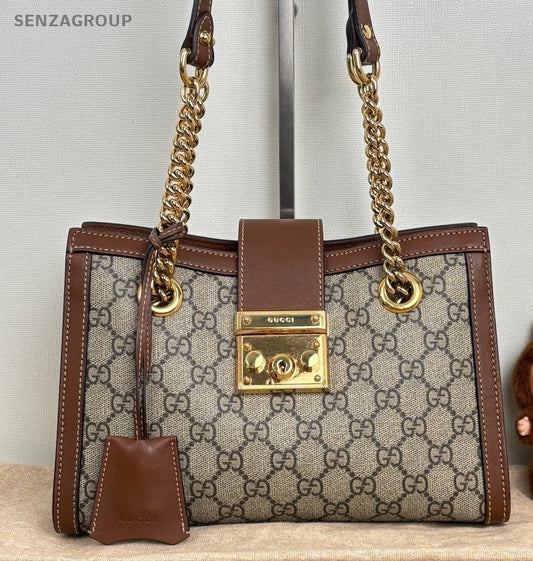 Gucci Padlock PM Chain Shoulder Bag Brown Beige Gold Women Classic