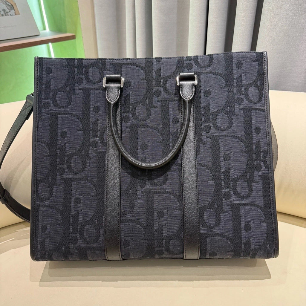 Christian Dior East-West Oblique Canvas Black Silver Tote Handbag Crossbody