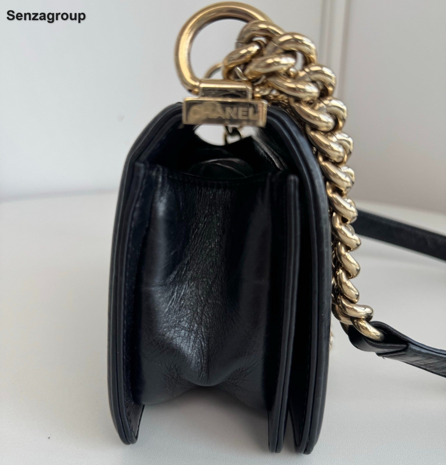 Chanel Leboy PM Calfskin Chain Shoulder Bag Black Gold Women Classic Fashion