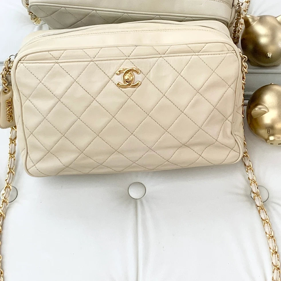 Chanel Lambskin Camera Bag Chain Shoulder Crossbody Bag Beige Women S