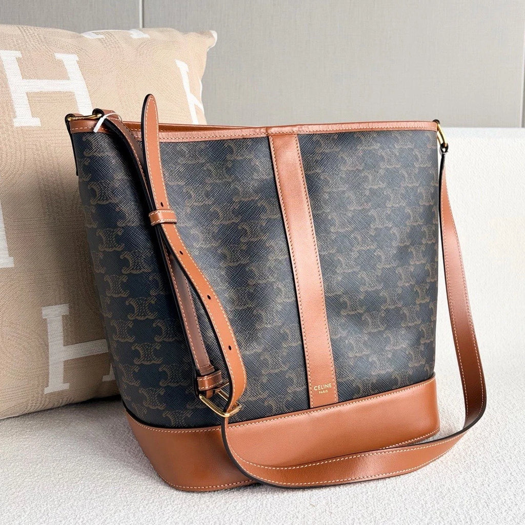 Celine Triomphe MM Bucket Shoulder Bag Black Brown Gold Women Classic