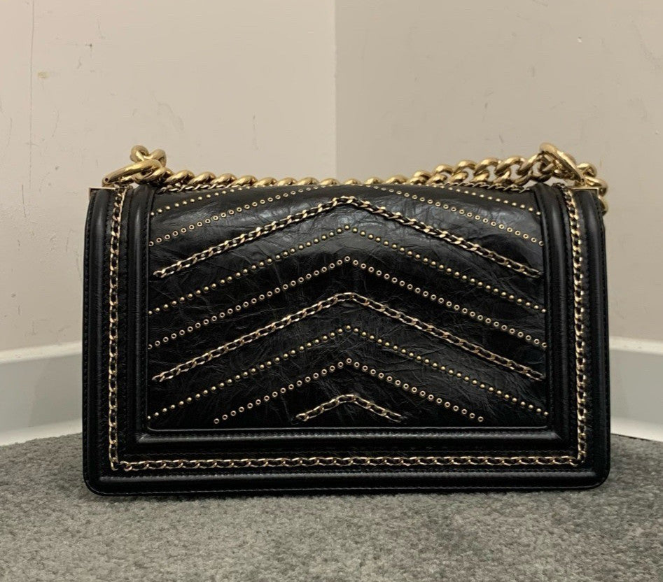Chanel Leboy MM Chevron Chain Shoulder Bag Black Gold Women Classic Fashion