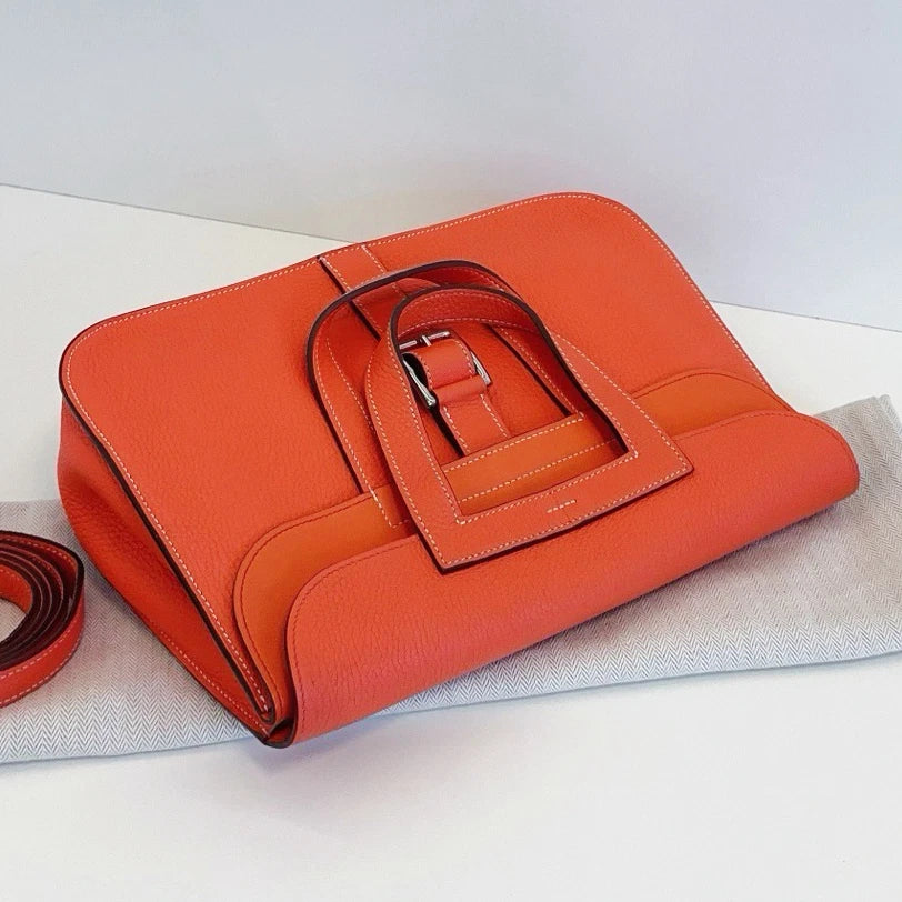 Hermes Halzan31 TC Leather Handbag Crossbody Orange Silver Hardware