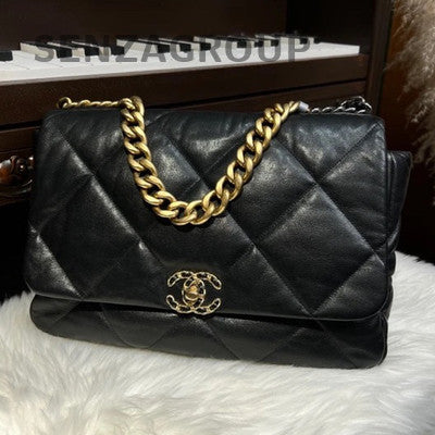 Chanel 19 Large Black Gold Chain Shoulder Bag Classic Quilted