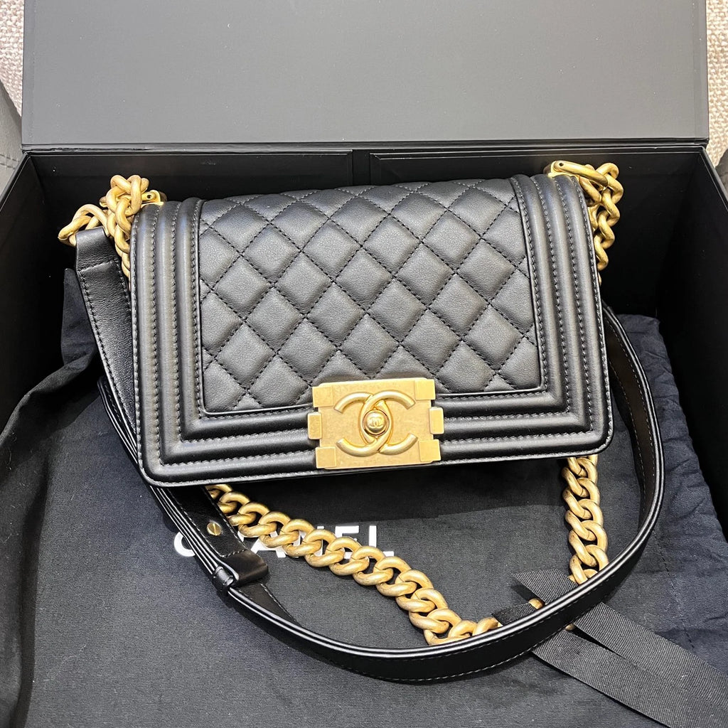 Chanel Leboy PM Calfskin Chain Shoulder Crossbody Black Gold Women Classic
