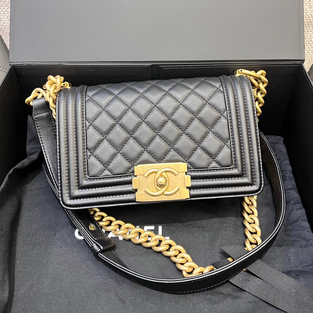 Chanel Leboy PM Calfskin Chain Shoulder Crossbody Black Gold Women Classic