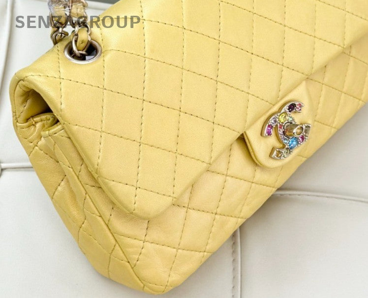 Chanel Classic Flap Lambskin Chain Shoulder Bag Yellow Used Women Designer