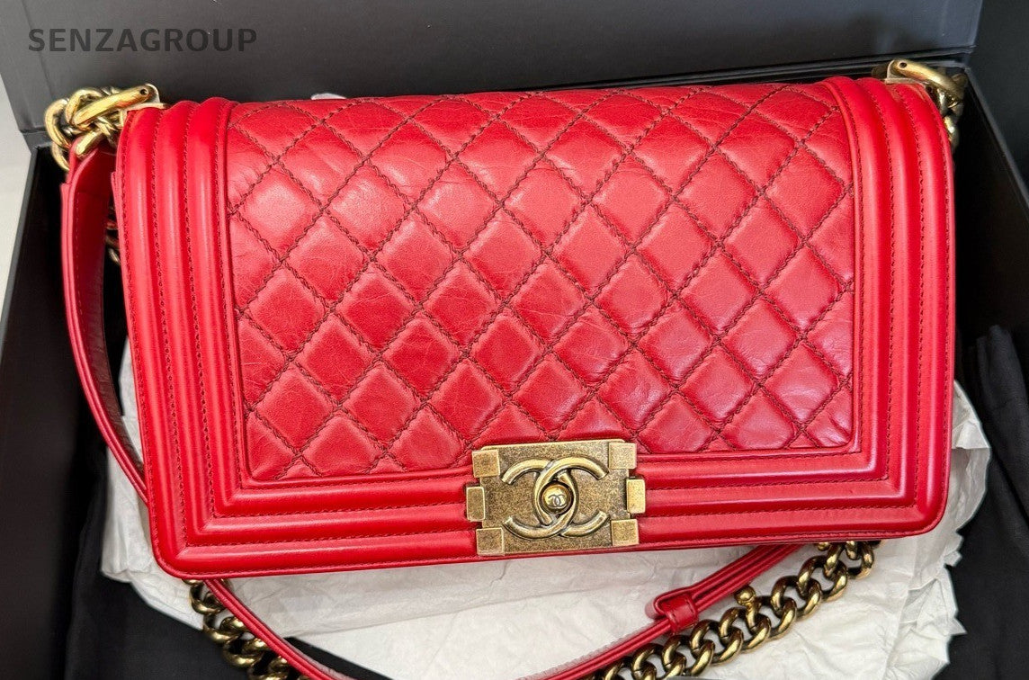 CHANEL Leboy Calfskin Diamond Pattern Chain Shoulder bag Red Gold Women
