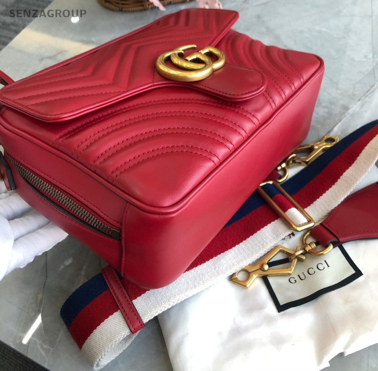 GUCCI GG Marmont Camera bag Top Handle 2way Shoulder Handbag Women Red Gold