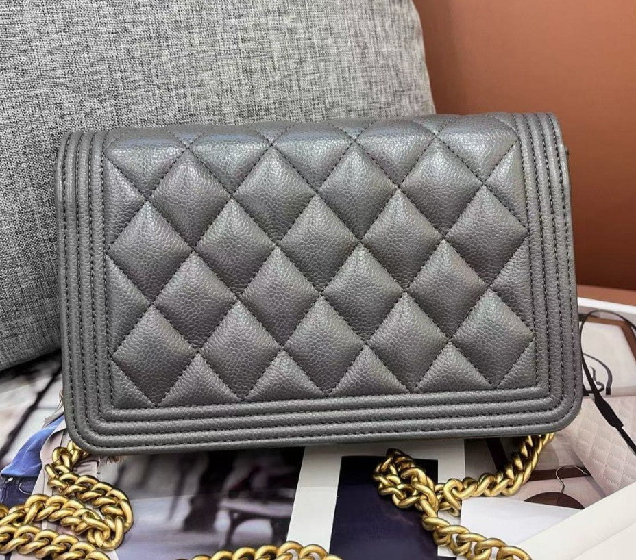 Chanel Leboy WOC Chain Shoulder Bag Crossbody Gray Gold Diamond Women Classic