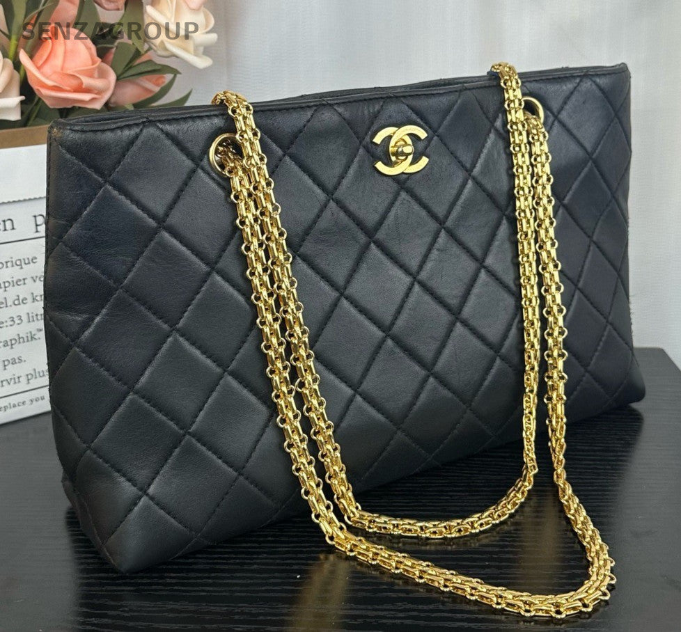 Chanel Diamond Tote Chain Shoulder Bag Black Gold Used Women Classic Vintage