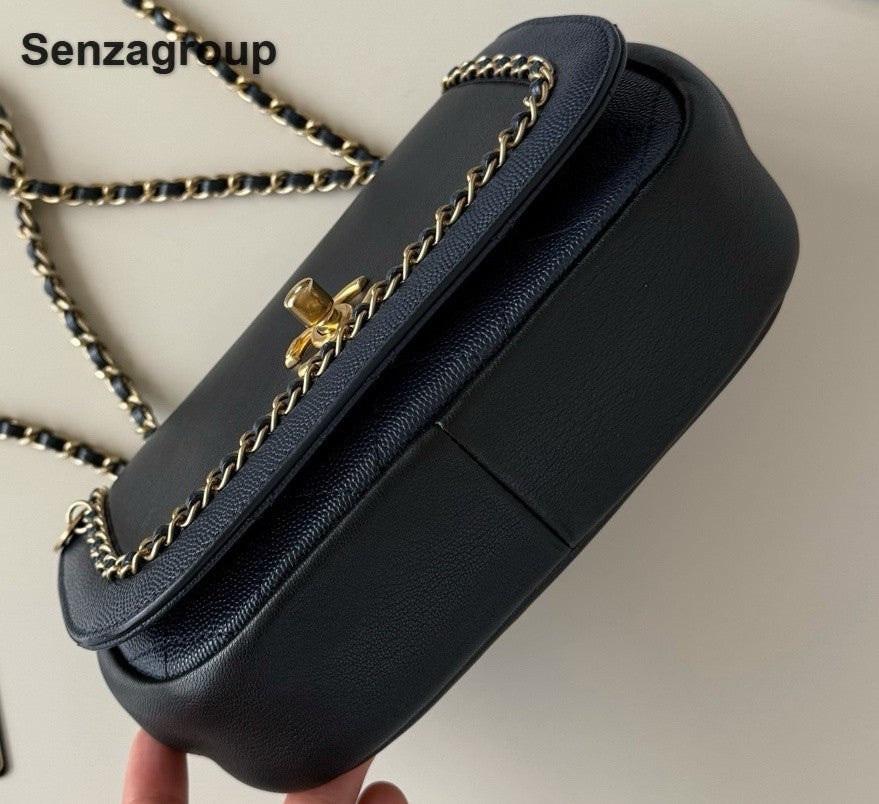 Chanel Around Flap Chain Shoulder Bag Black Gold Used Women Classic Designer