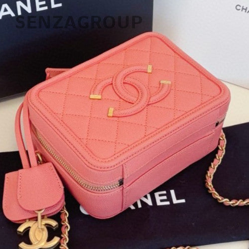 Chanel Vanity Case PM Chain Shoulder Bag Crossbody Pink Gold Diamond Women