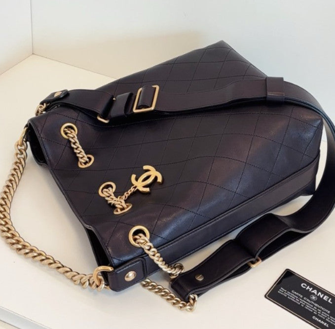 Chanel Calfskin Hobo Bag Chain Top Handle Shoulder Bag Black Gold Women Classic