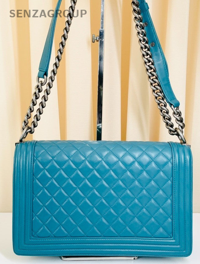 Chanel Leboy Calfskin Vintage Chain Shoulder Bag Blue Silver Women Classic