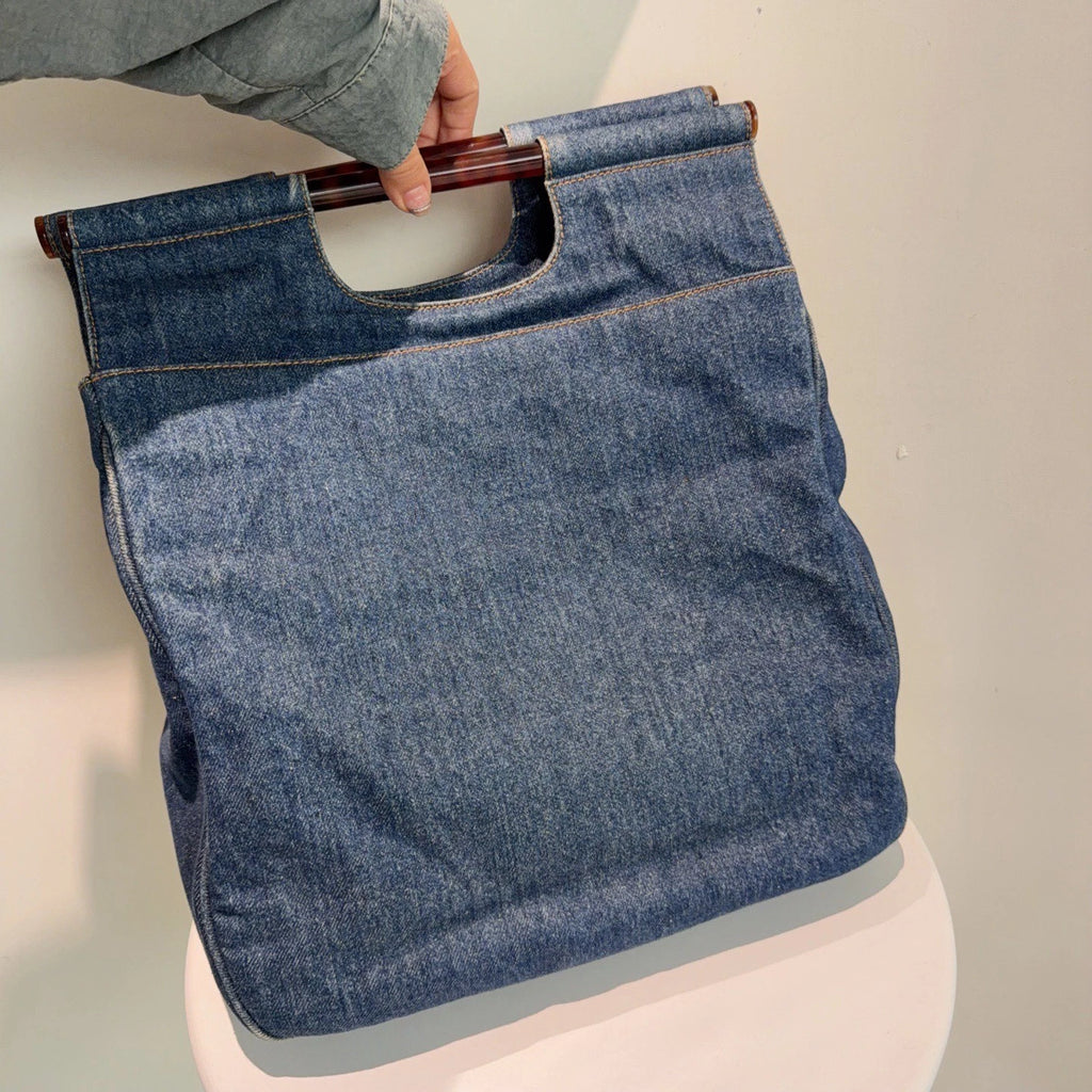 Chanel Denim Tortoise Shell Handle Tote Bag Handbag Blue Classic