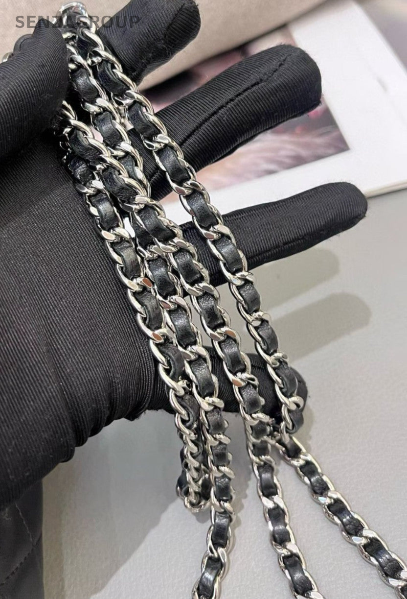 Chanel WOC Chain Lambskin Shoulder Bag Crossbody Black Silver Classic Diamond