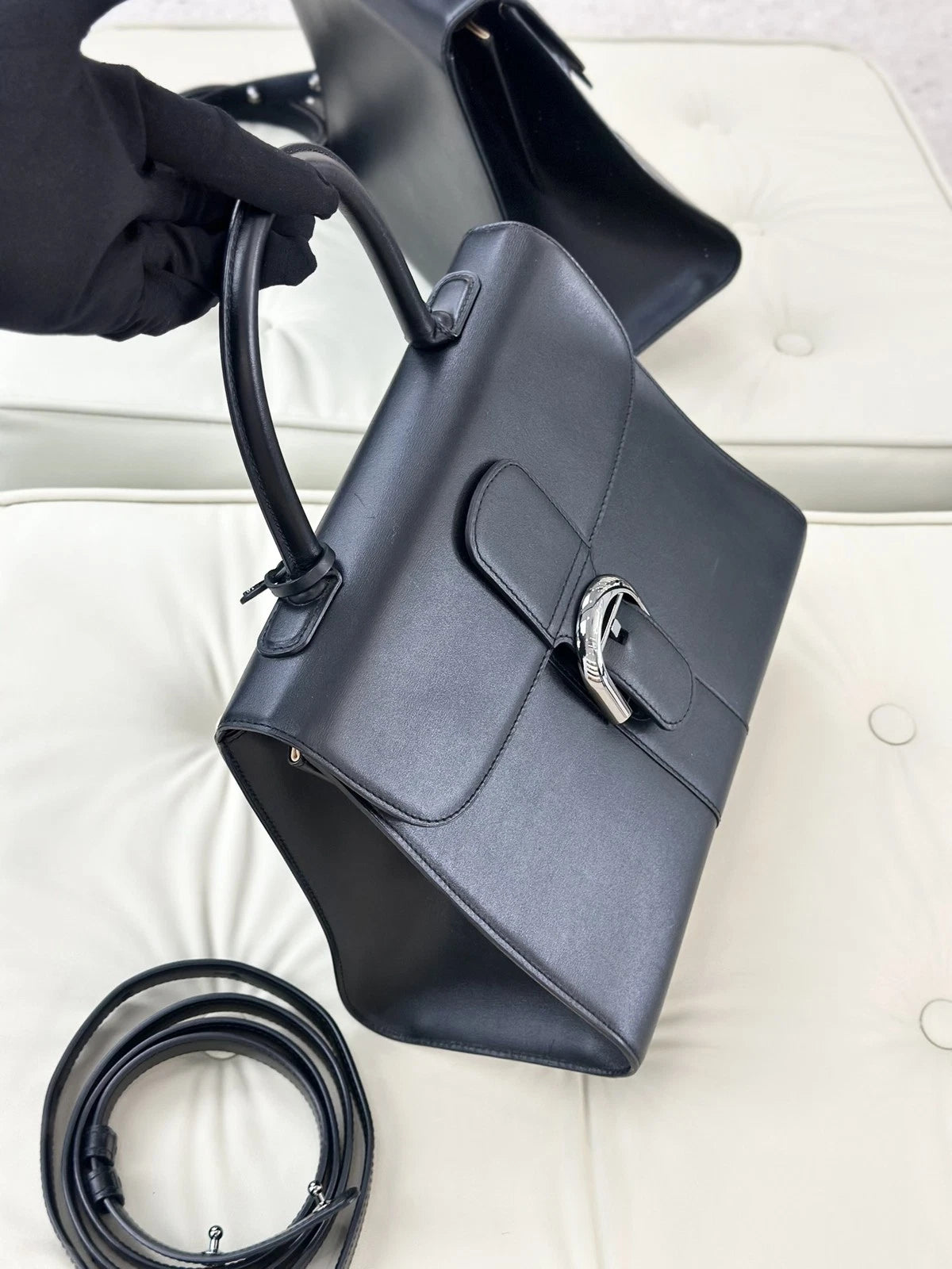 Delvaux Brillant Box GM Calfskin Top Handle Crossbody Bag Black Silver Women S