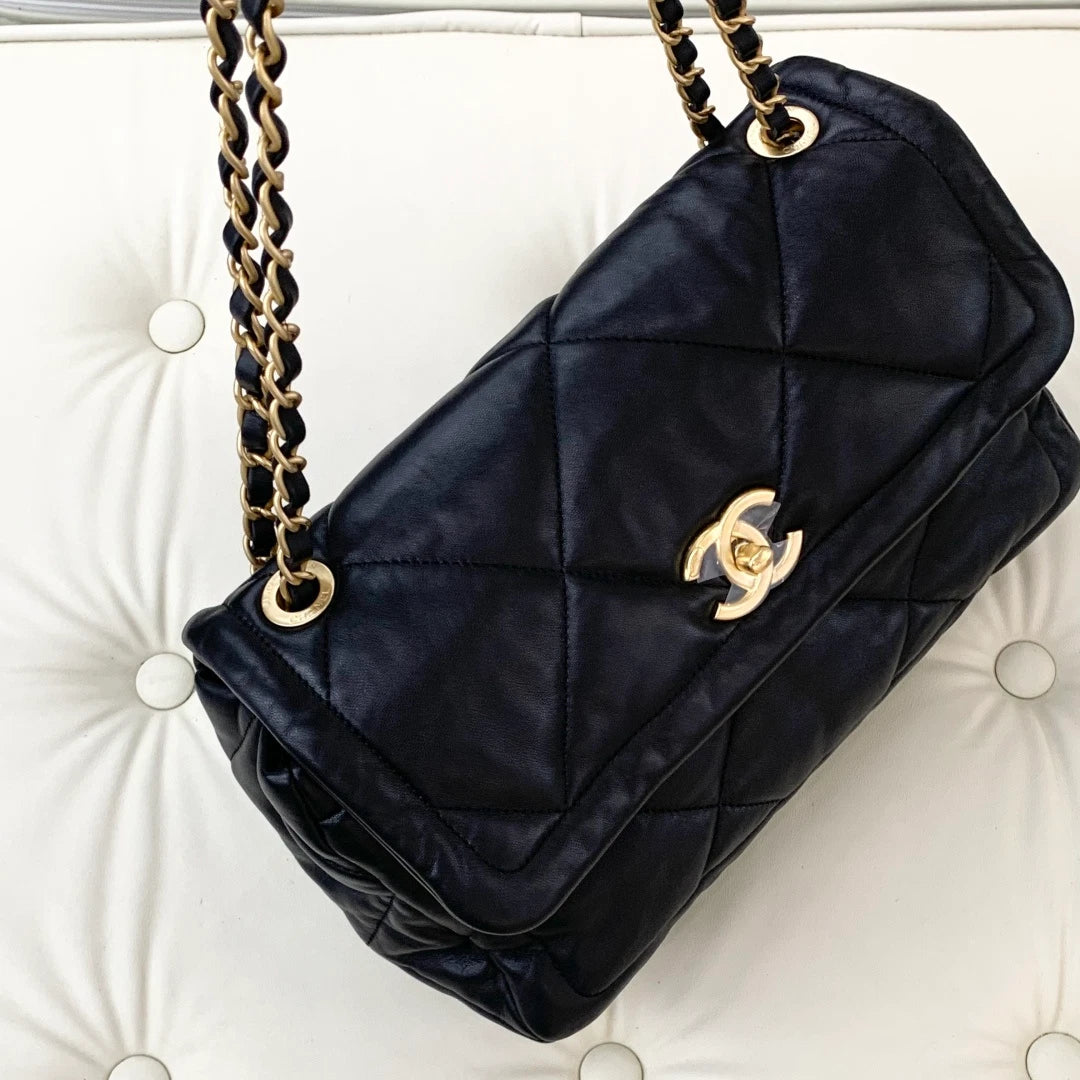 Chanel Lambskin PM Chain Shoulder Crossbody Bag Black Gold Women S