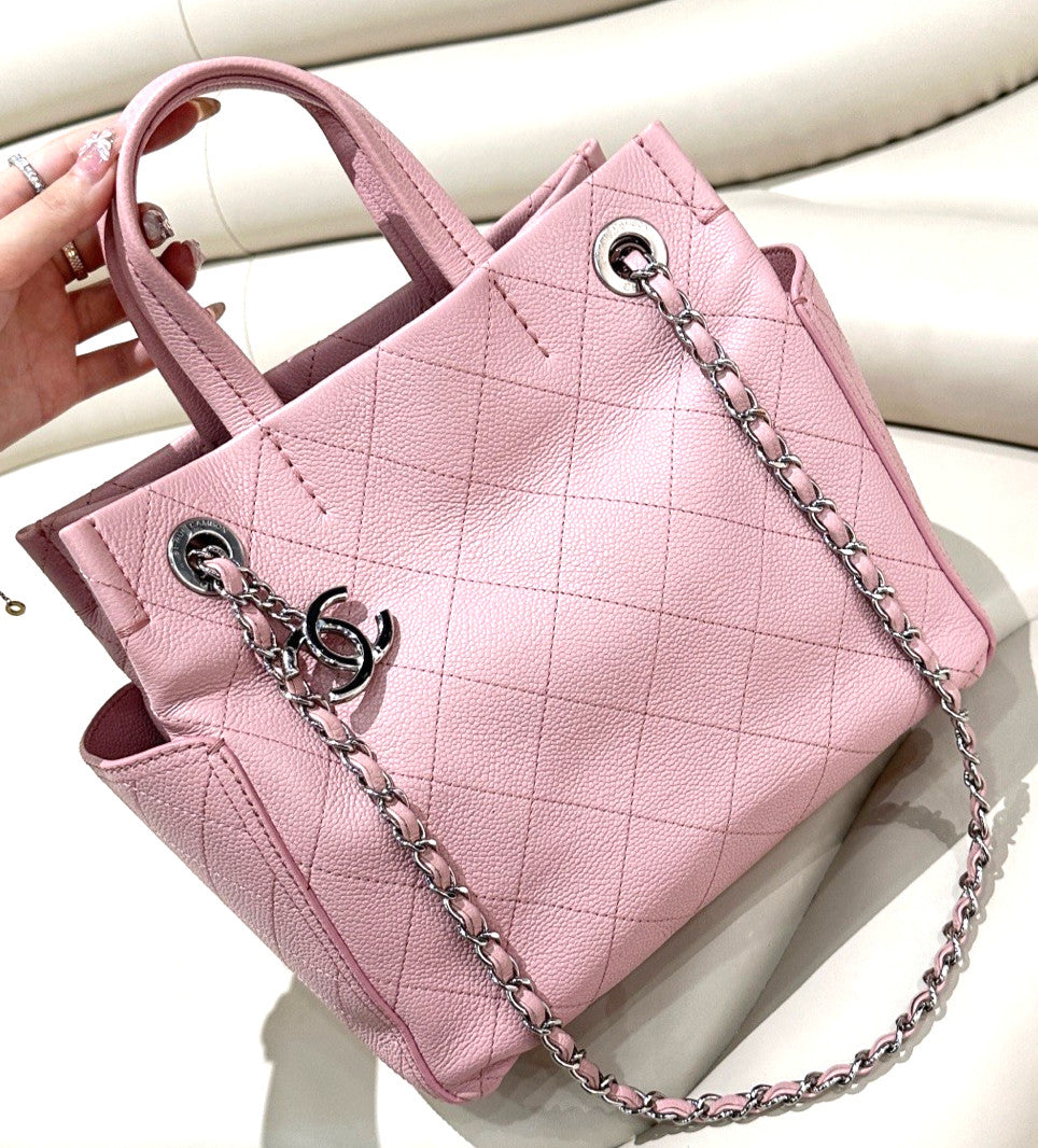CHANEL Diamond pattern tote Calfskin Sakura Pink Shoulder bag Chain Strap Women