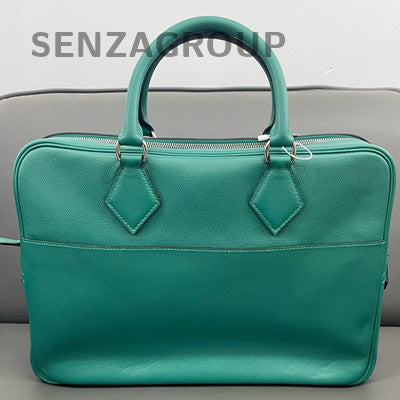 Hermès Plume Green Silver Hardware Calfskin Briefcase Handbag Women's Fashion