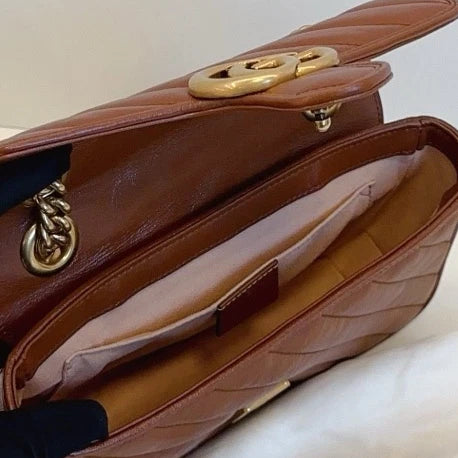 Gucci Marmont 22 Chain Shoulder Crossbody Bag Brown Gold Hardware Women