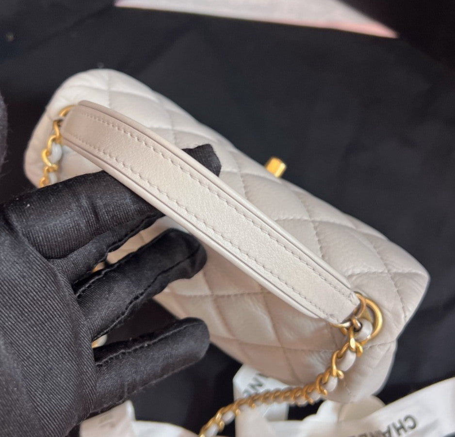 Chanel Diamond Mini 2Way Top Handle Chain Crossbody Gray Gold Women Classic