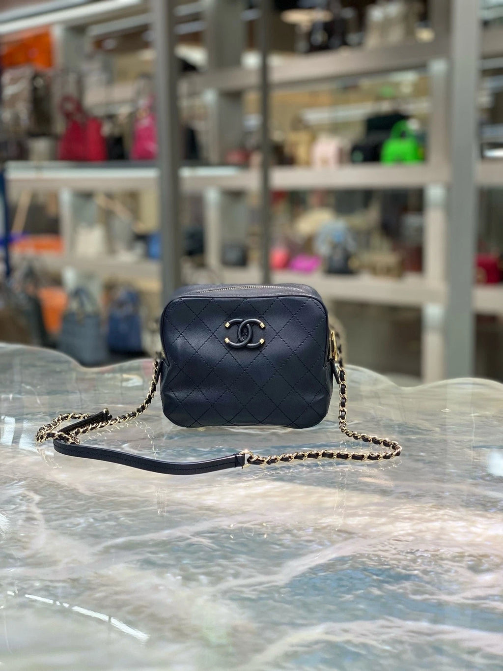 CHANEL Black Leather Gold Hardware Camera Crossbody Bag For Women