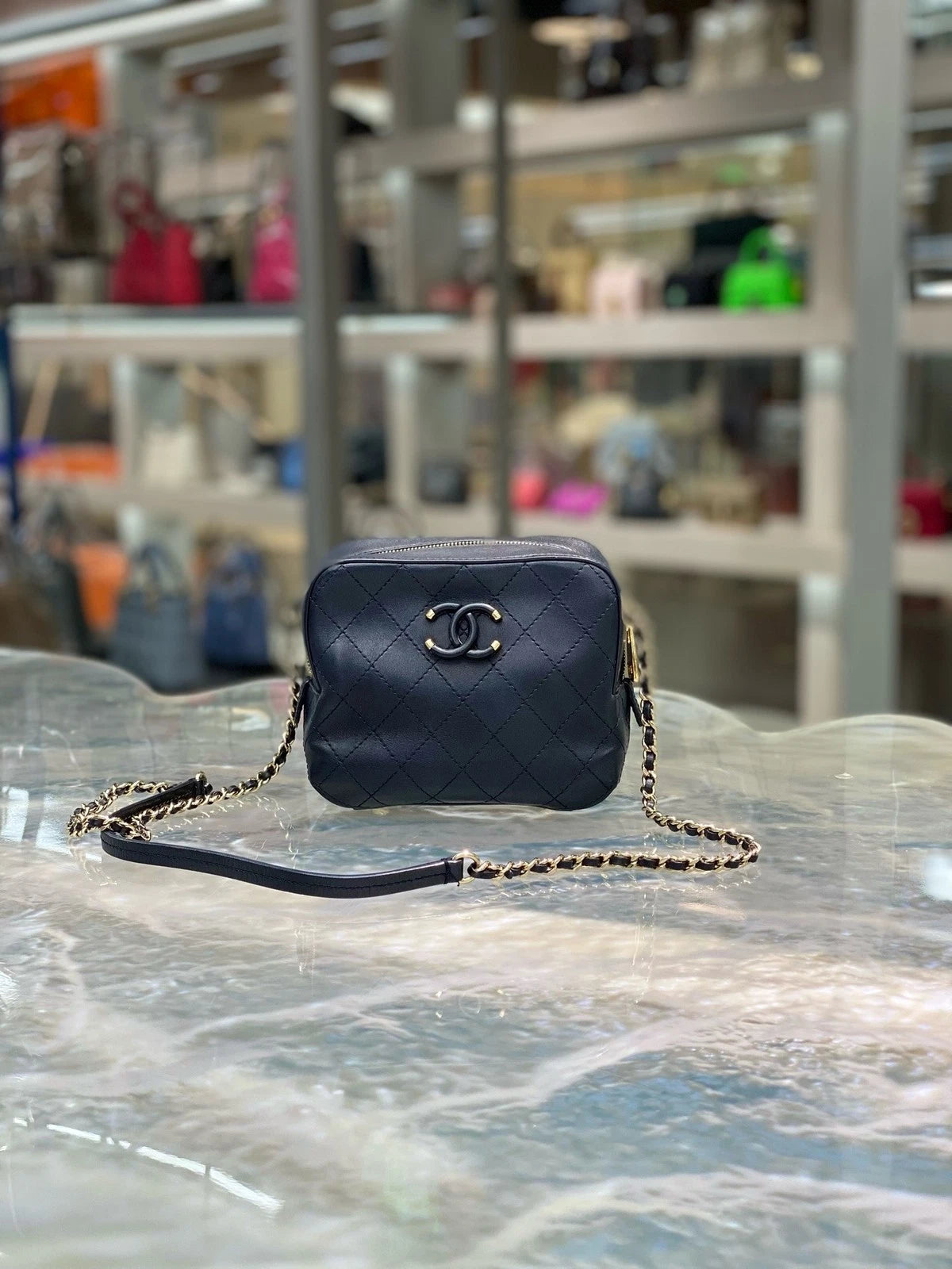 CHANEL Black Leather Gold Hardware Camera Crossbody Bag For Women