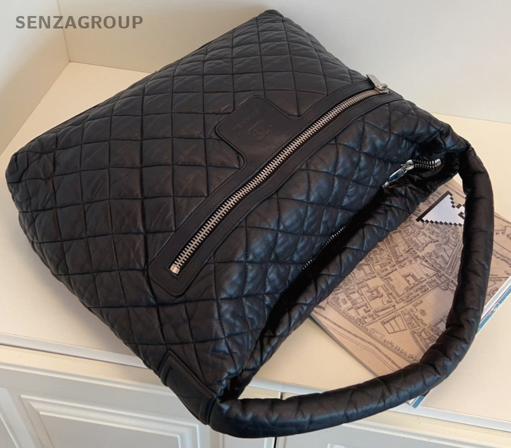 CHANEL Hobo Diamond pattern All Black sportline Shoulder bag Women Black