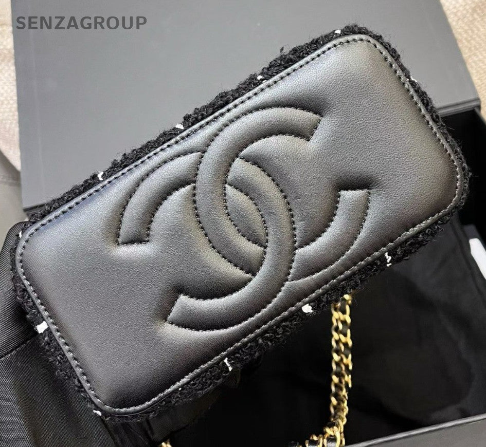 Chanel Tweed Long Box Chain Shoulder Bag Crossbody Black Gold Women Classic