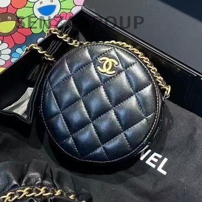 Chanel Black Gold Quilted Mini Round Bag Lamb Skin Chain Shoulder Bag