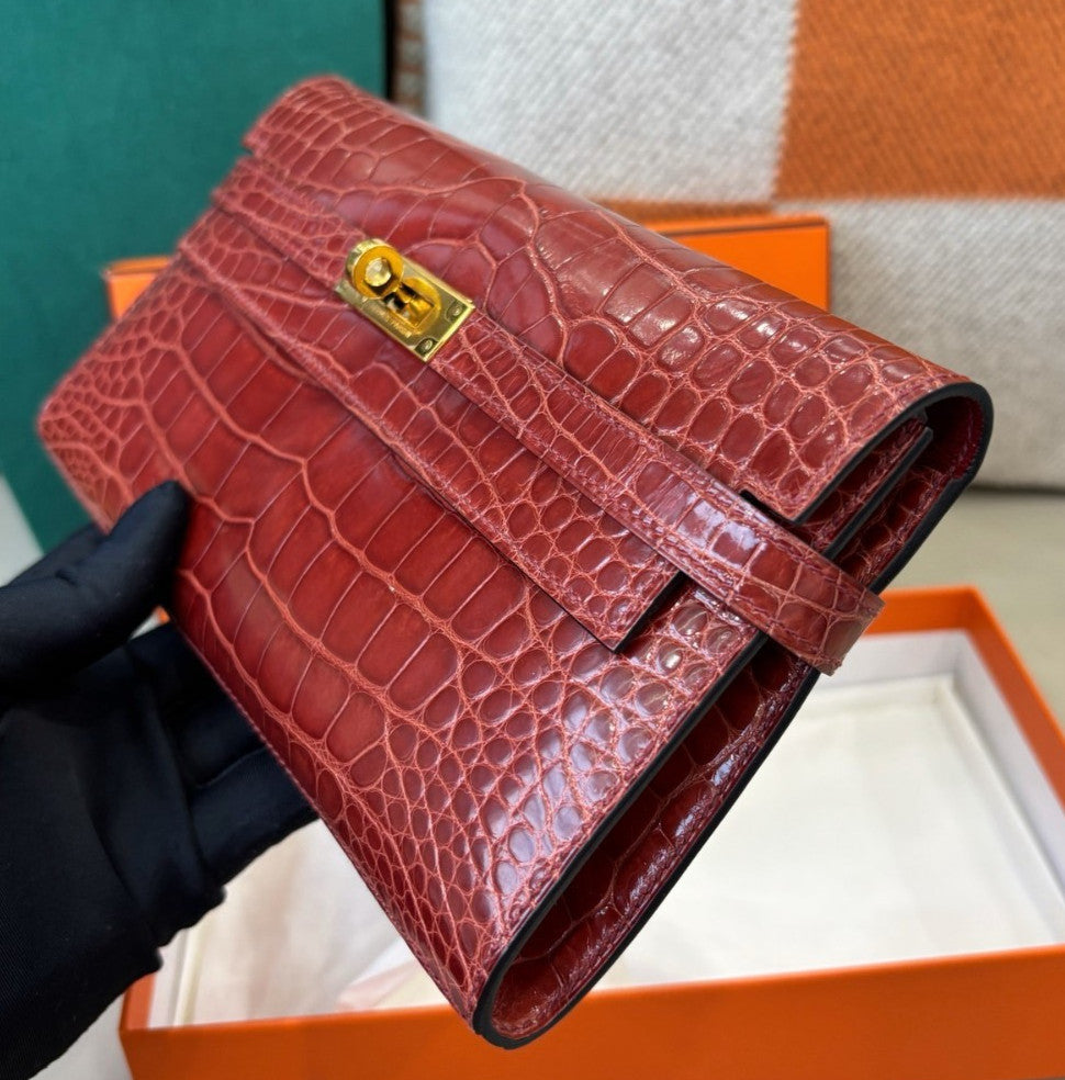 Hermes Kelly Long Wallet Red Gold Clutch Used Women Classic Fashion