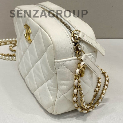 Chanel Quilted White Gold Camera Bag with Pearl Chain Strap
