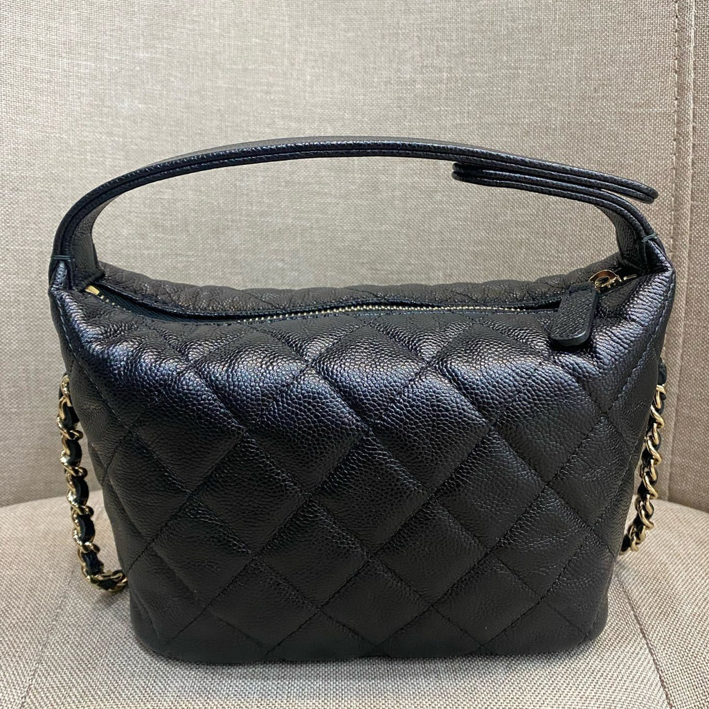 Chanel 25C Black Gold Quilted Chain Shoulder Bag Classic Women's Fashion