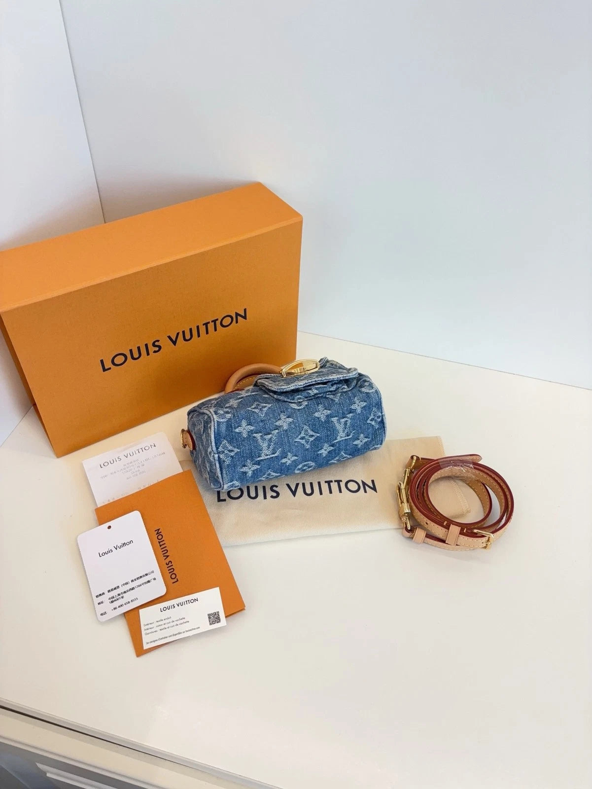 Louis Vuitton Speedy Nano Handbag Women's Crossbody Bag Blue Denim Monogram