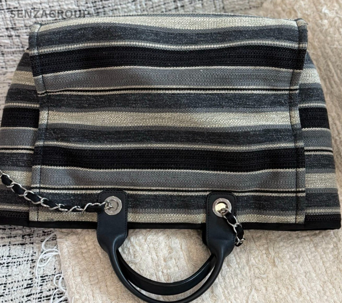 Chanel Tote Striped Bag Chain Shoulder Bag Black Silver Used Women Classic