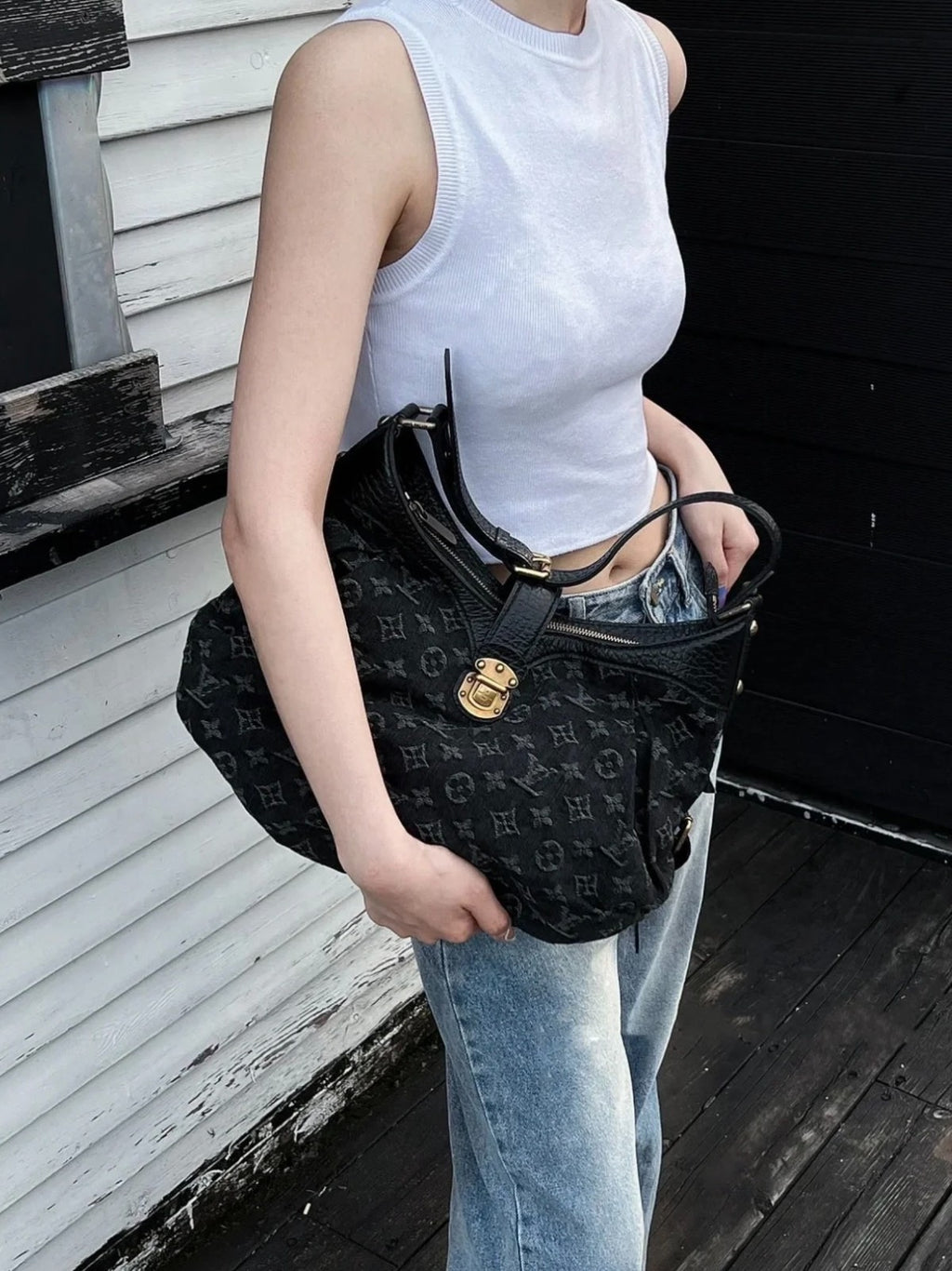 Louis Vuitton Hobo Denim Premium Black Monogram Shoulder bag Women