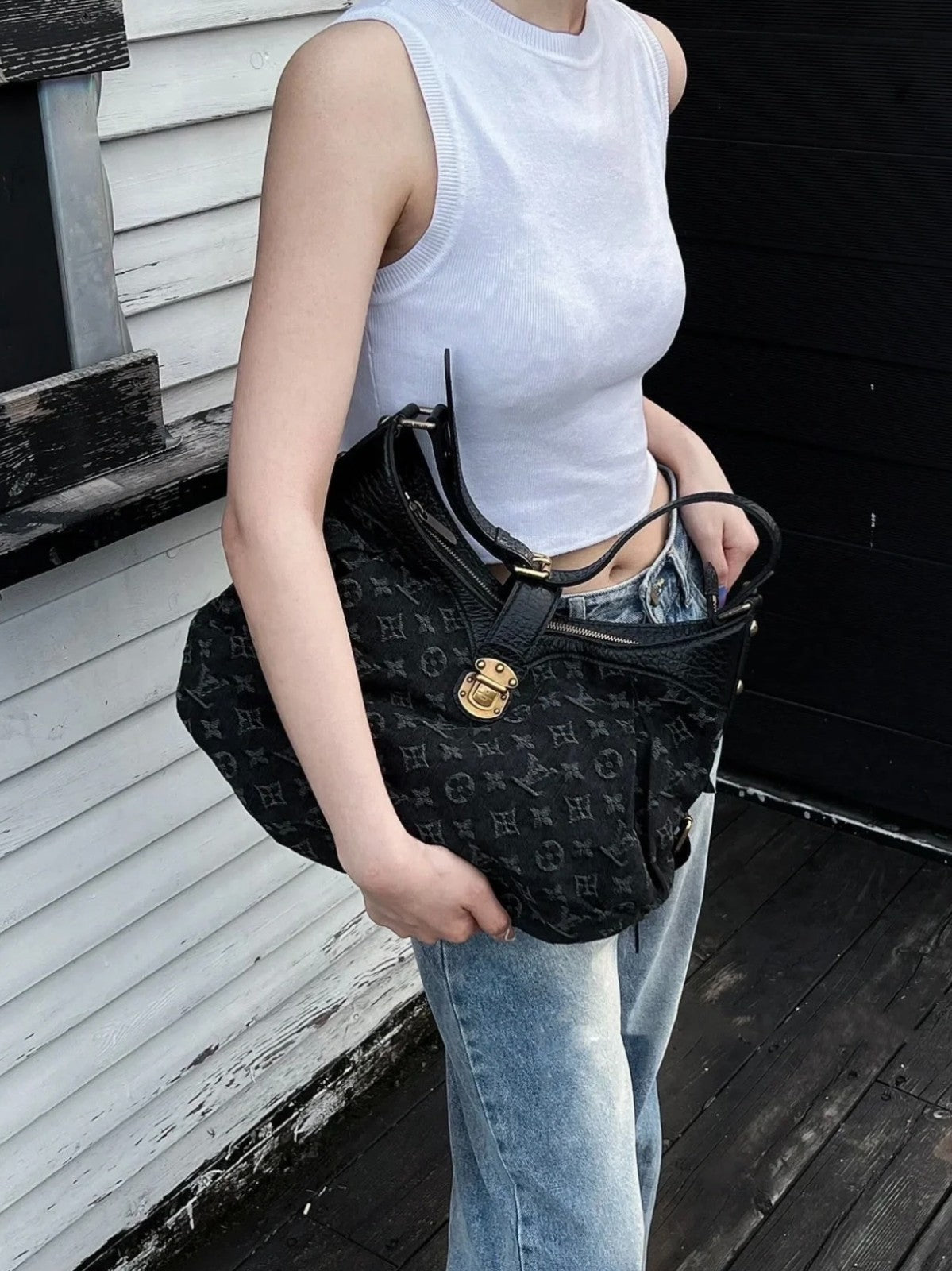 Louis Vuitton Hobo Denim Premium Black Monogram Shoulder bag Women