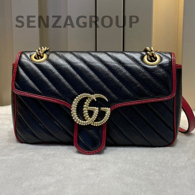 Gucci Marmont 26 Chain Shoulder Crossbody Bag Black Red Gold Hardware