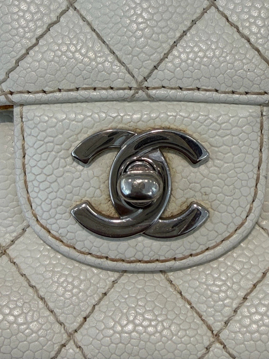 Authentic Chanel Classic Flap Silver Chain White Shoulder Bag Diamond Turnlock